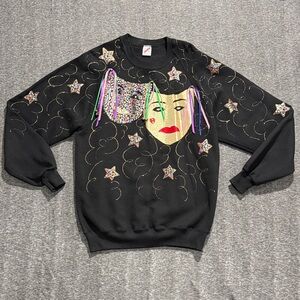 Vintage‎ 90s Black Mardi Gras Masquerade Masks Sweatshirt Signed Hand Painted